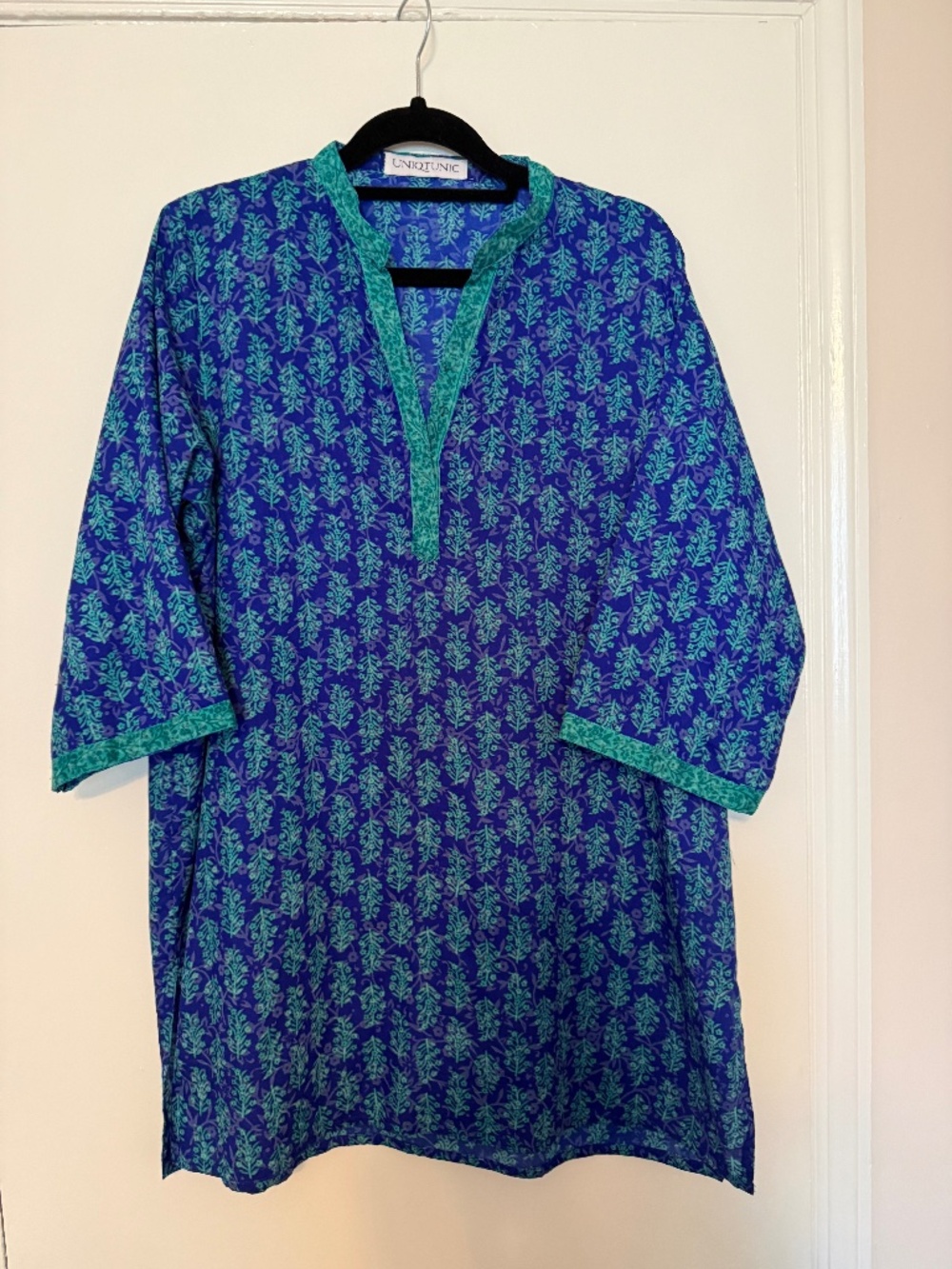 Uniqtunic XL Indian Print Tunic top bright blue, purple, teal. Soft cotton blend